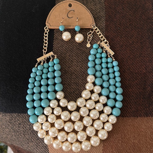 Multi Strand Pearl/Turquoise Necklace and Earrings Set NWT - Picture 2 of 6